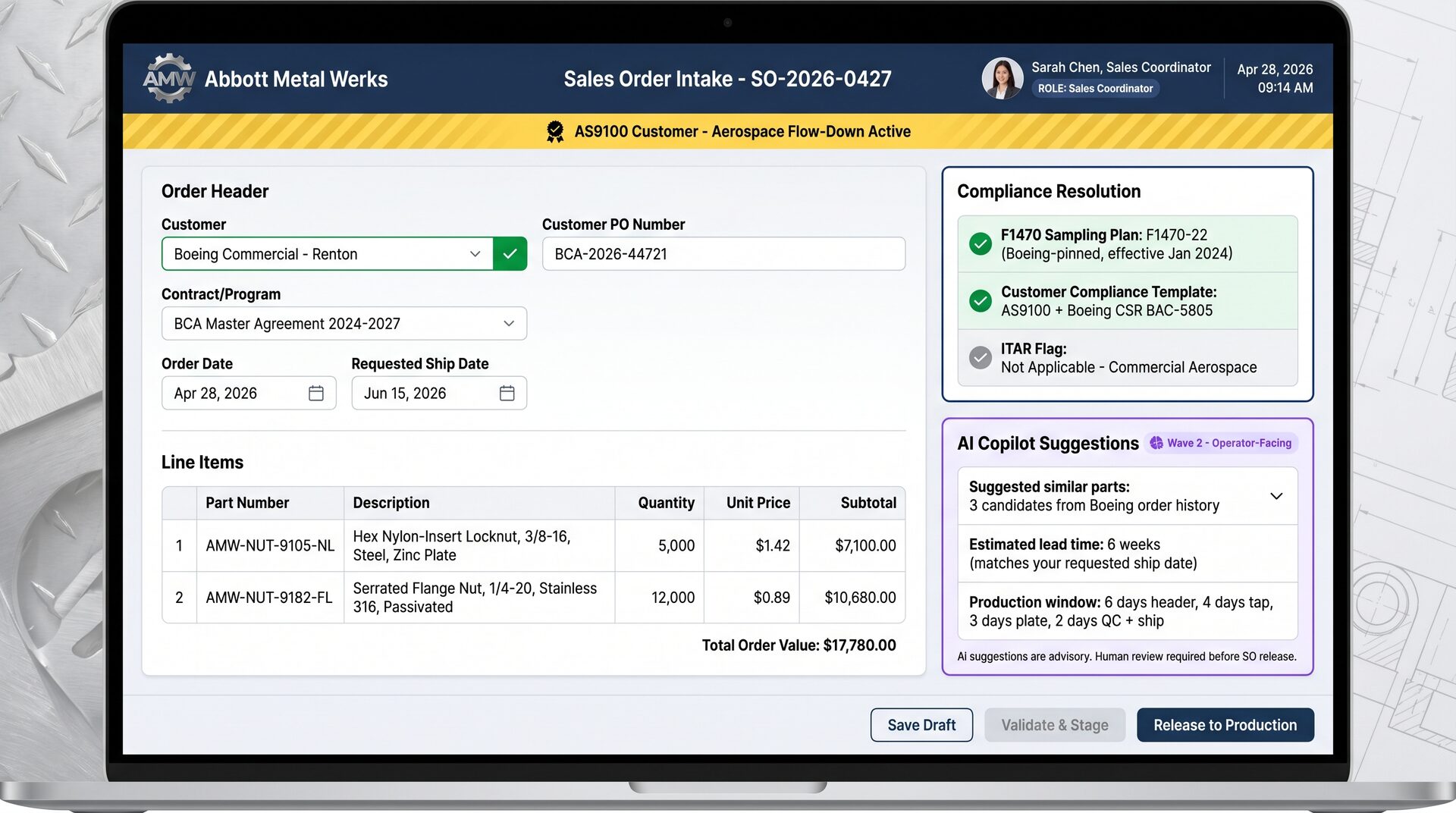 Sales order intake screen