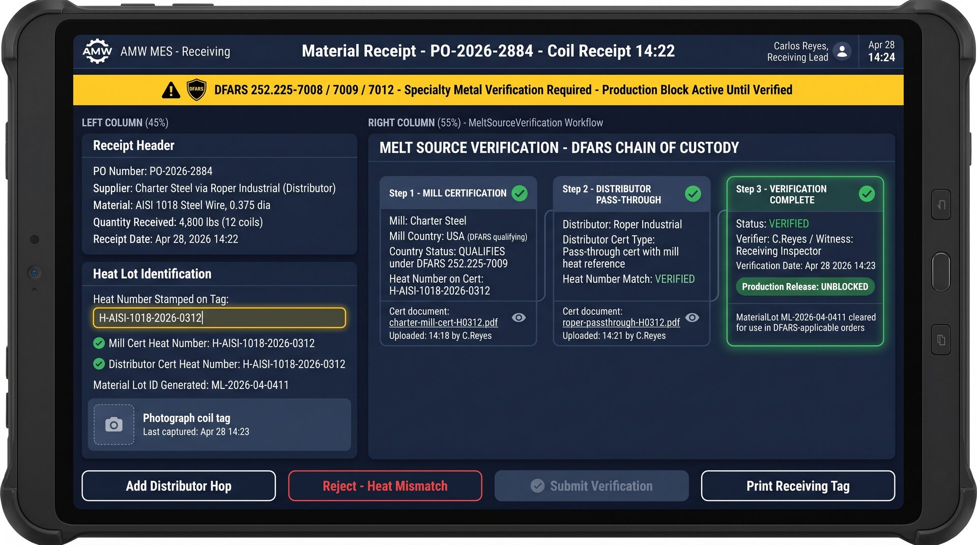 Material receipt and melt source verification screen